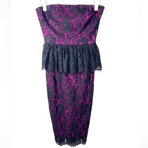 ROBERT RODRIGUEZ Strapless Lace Peplum Pencil Midi Dress Fuchsia Black Size 0